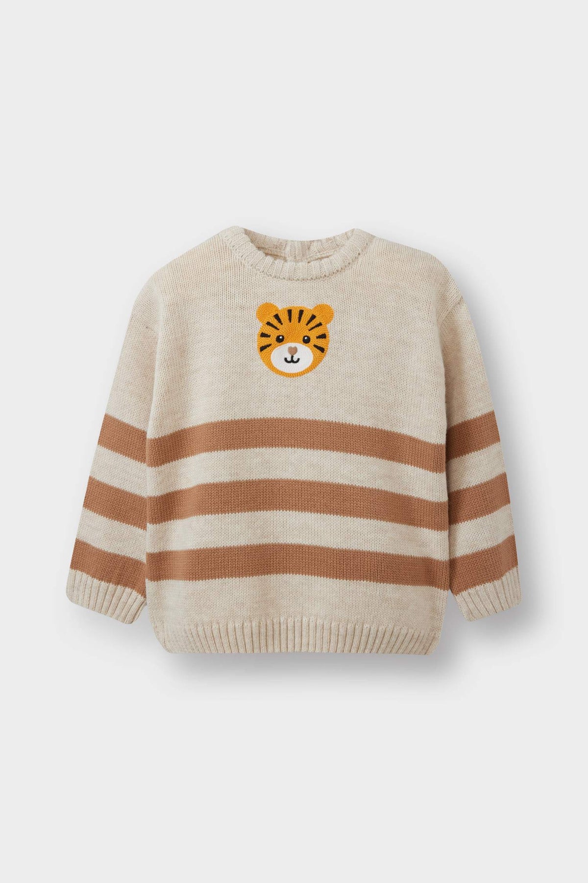 Baby Boy Crew Neck Tiger Printed Striped Knit Sweater