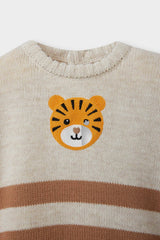 Baby Boy Crew Neck Tiger Printed Striped Knit Sweater