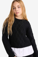 Girls Crew Neck Knitted Sweater with Detailed Hem