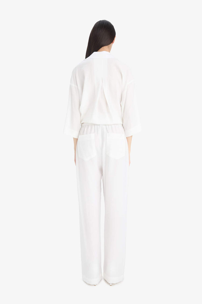 Wide Leg Double Pocket High Waist White Trousers Hover Image
