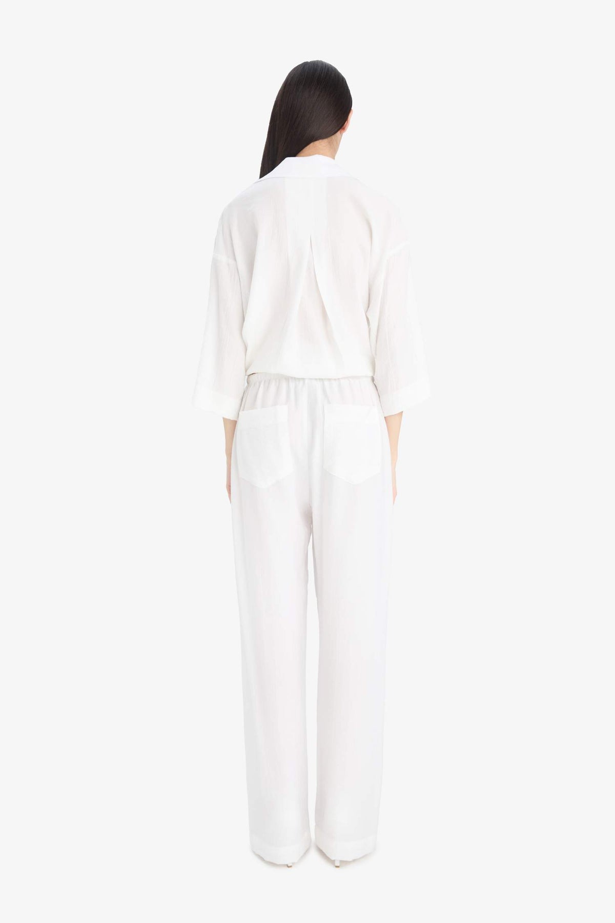 Wide Leg Double Pocket High Waist White Trousers