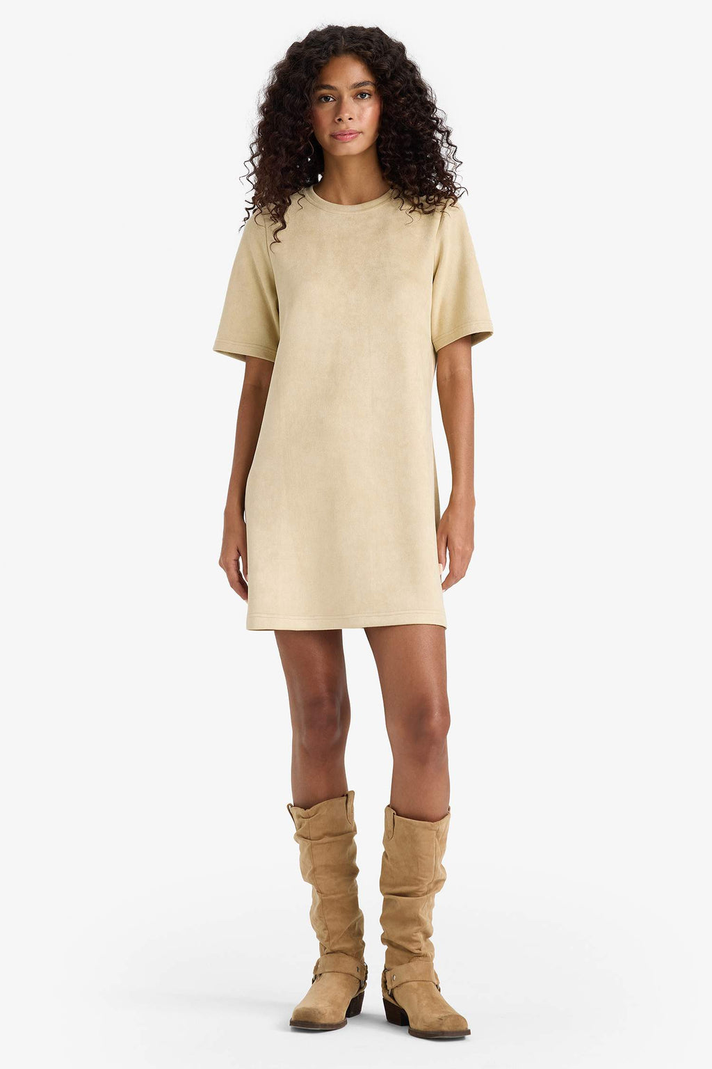 A Line Crew Neck Suede Dress
