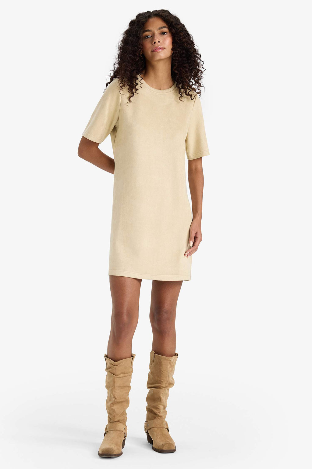 A Line Crew Neck Suede Dress