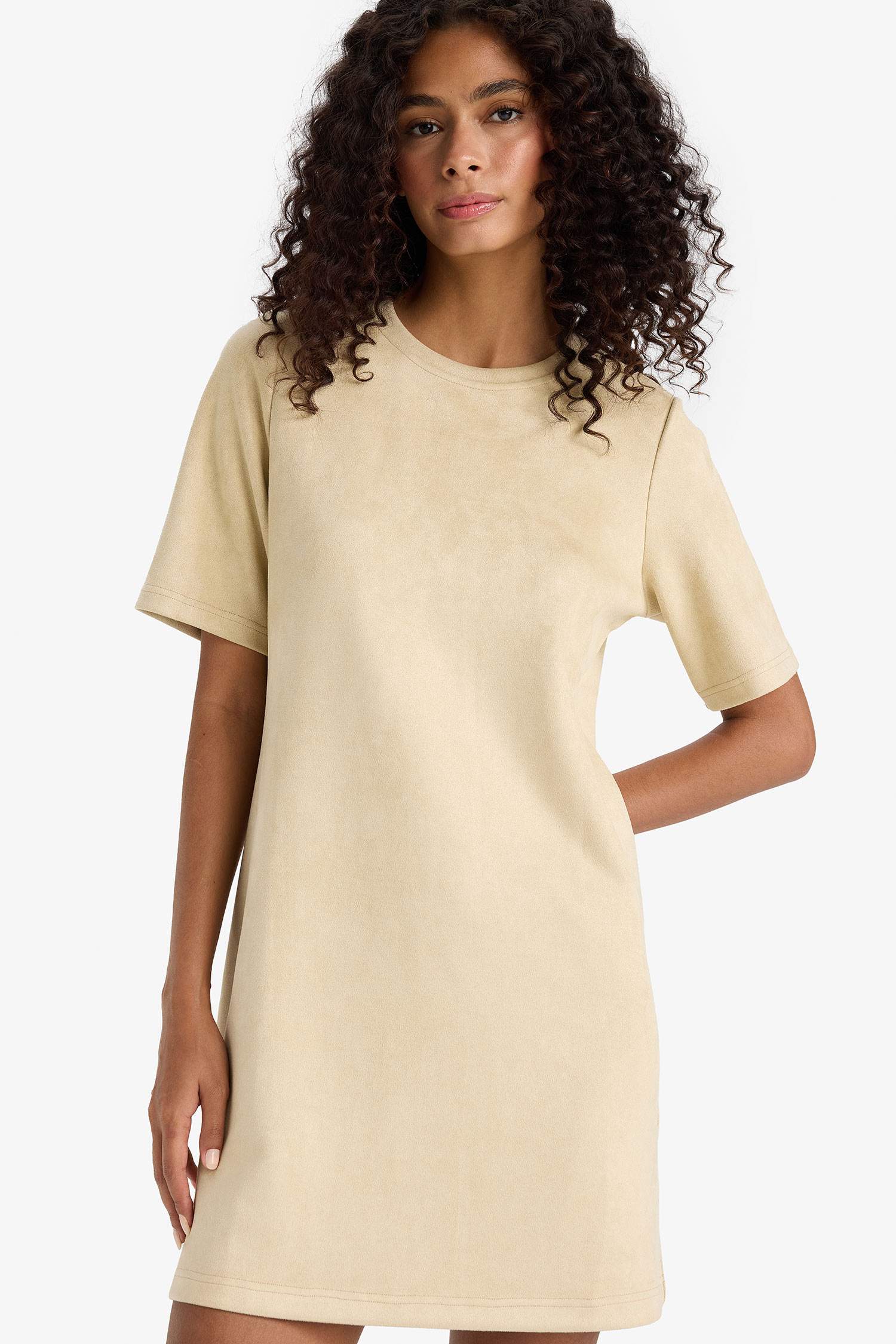 A Line Crew Neck Suede Dress