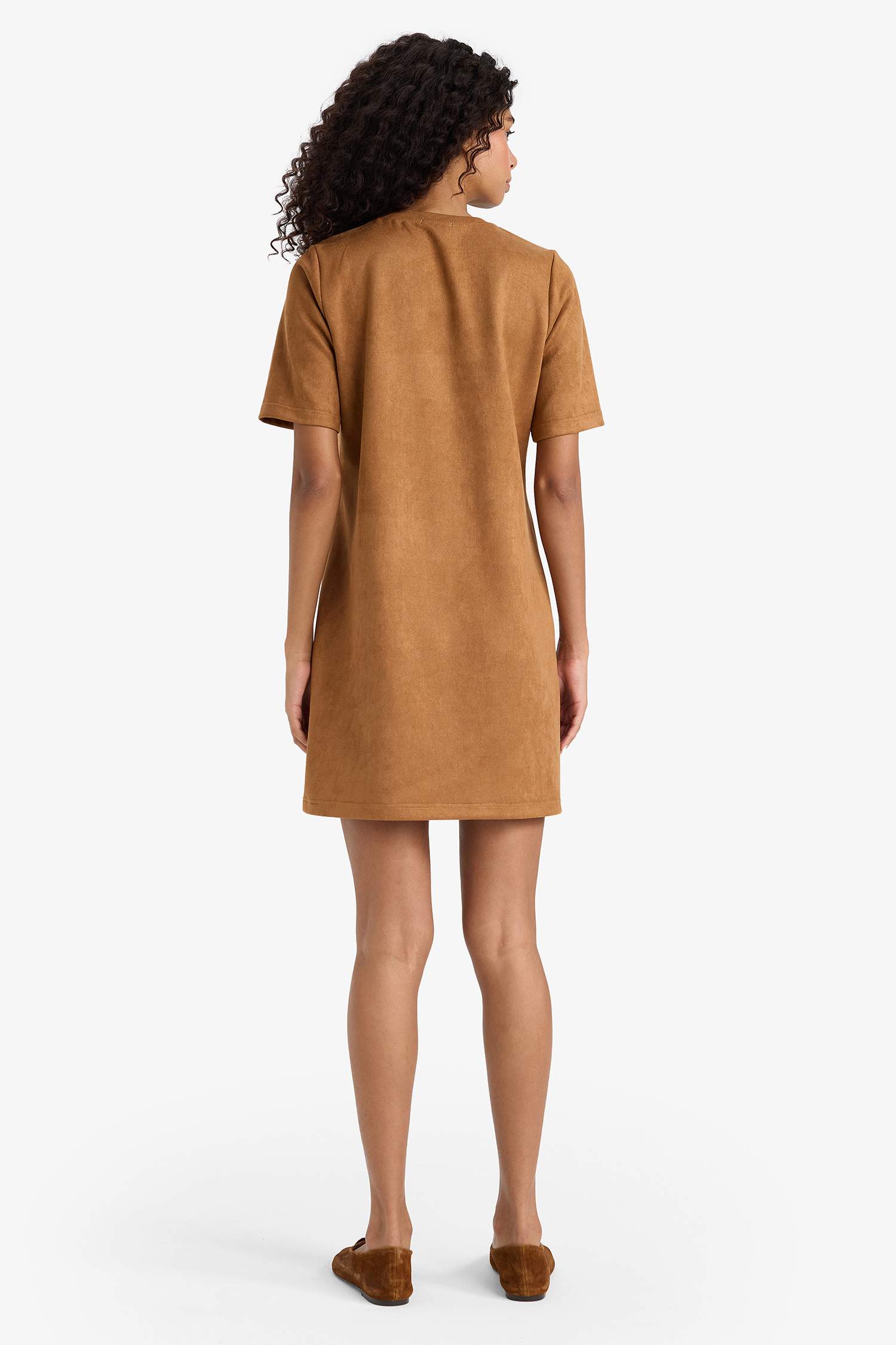 A Line Crew Neck Suede Dress