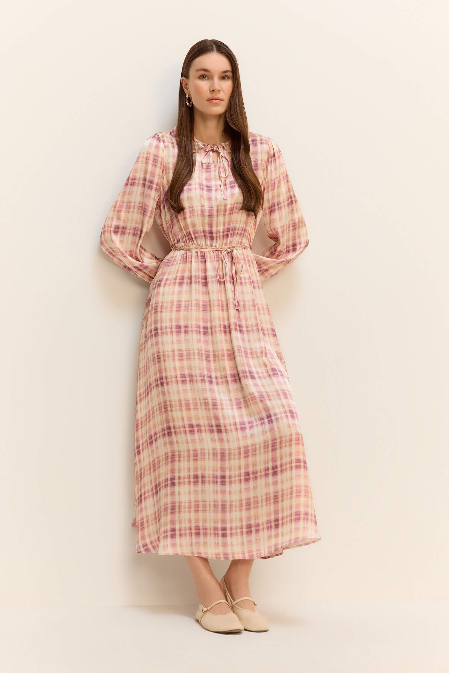 Regular Fit Shirt Collar Pattern Satin Long Sleeve Maxi Dress