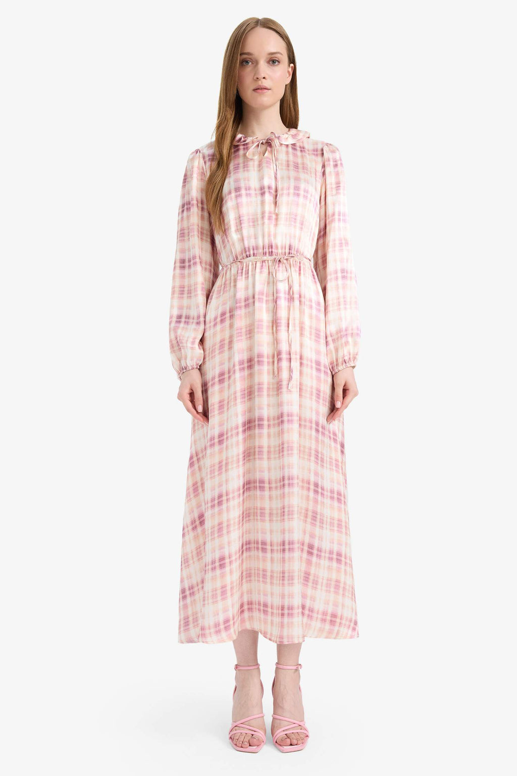 Regular Fit Shirt Collar Pattern Satin Long Sleeve Maxi Dress