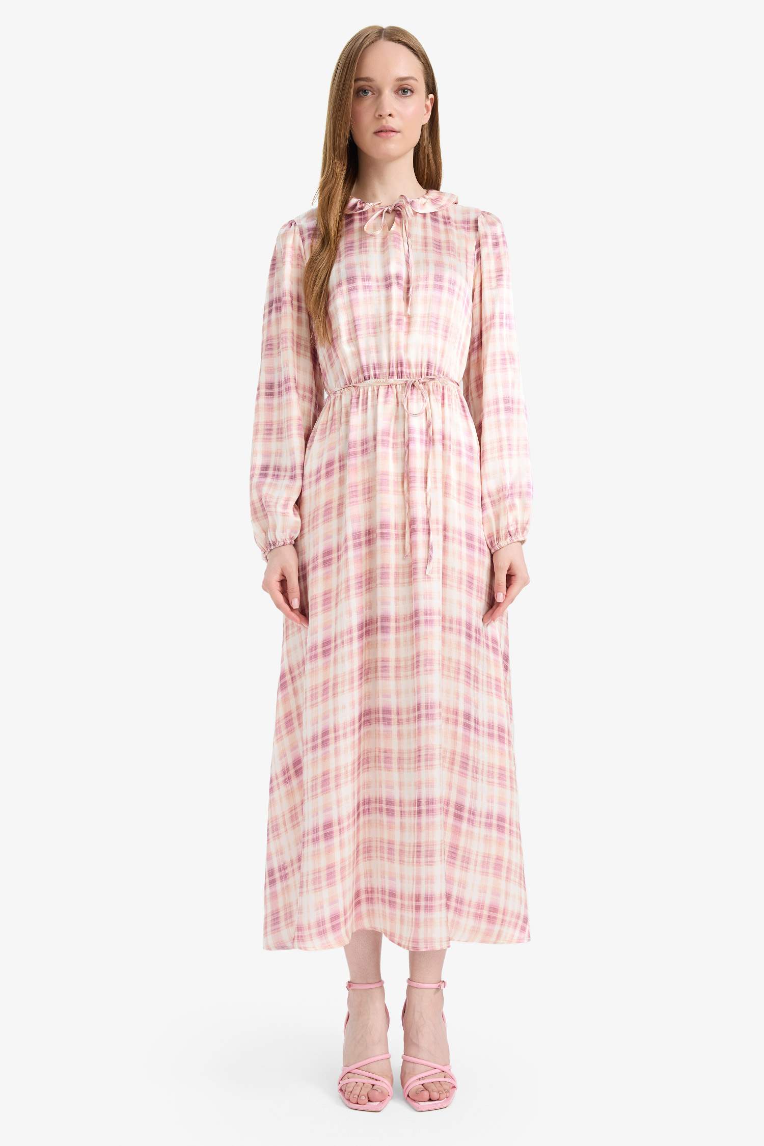 Regular Fit Shirt Collar Pattern Satin Long Sleeve Maxi Dress