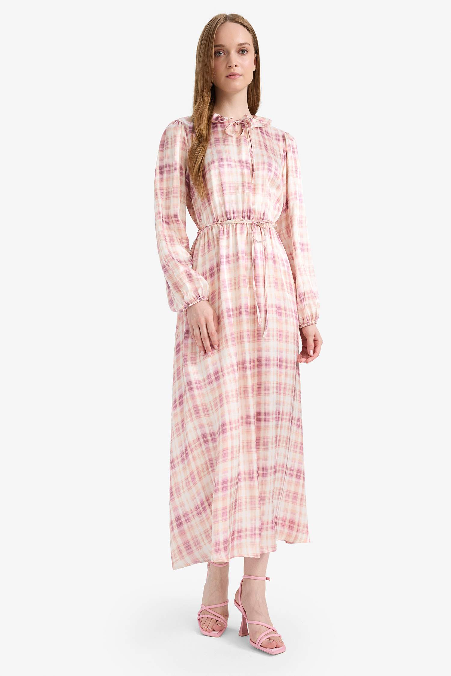 Regular Fit Shirt Collar Pattern Satin Long Sleeve Maxi Dress