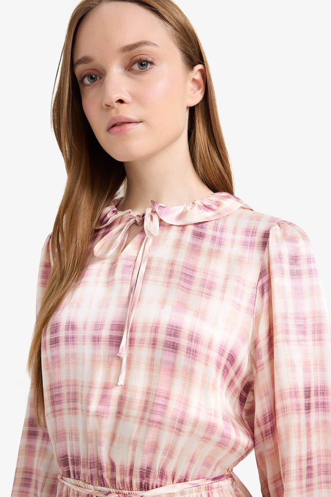 Regular Fit Shirt Collar Pattern Satin Long Sleeve Maxi Dress Hover Image