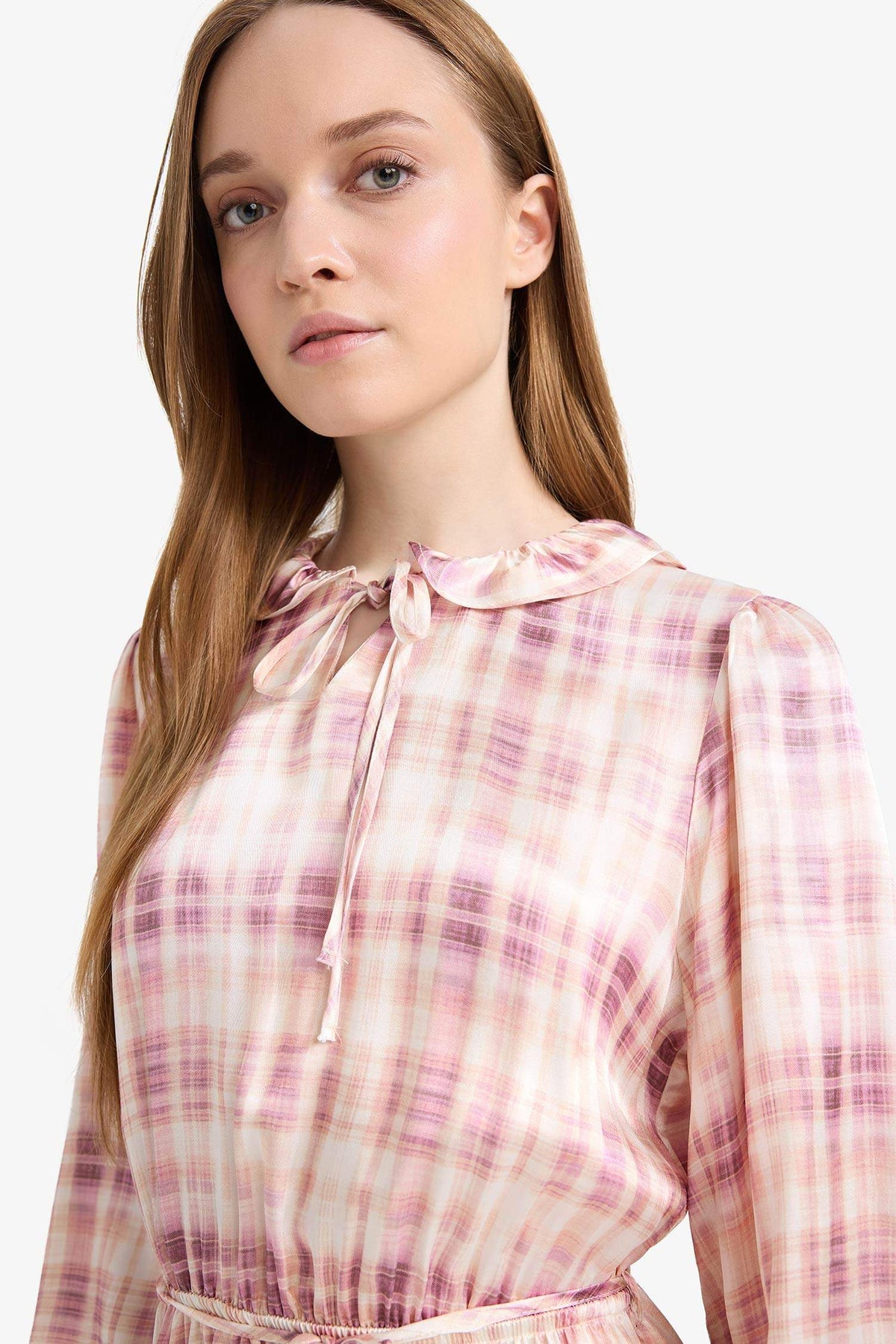 Regular Fit Shirt Collar Pattern Satin Long Sleeve Maxi Dress