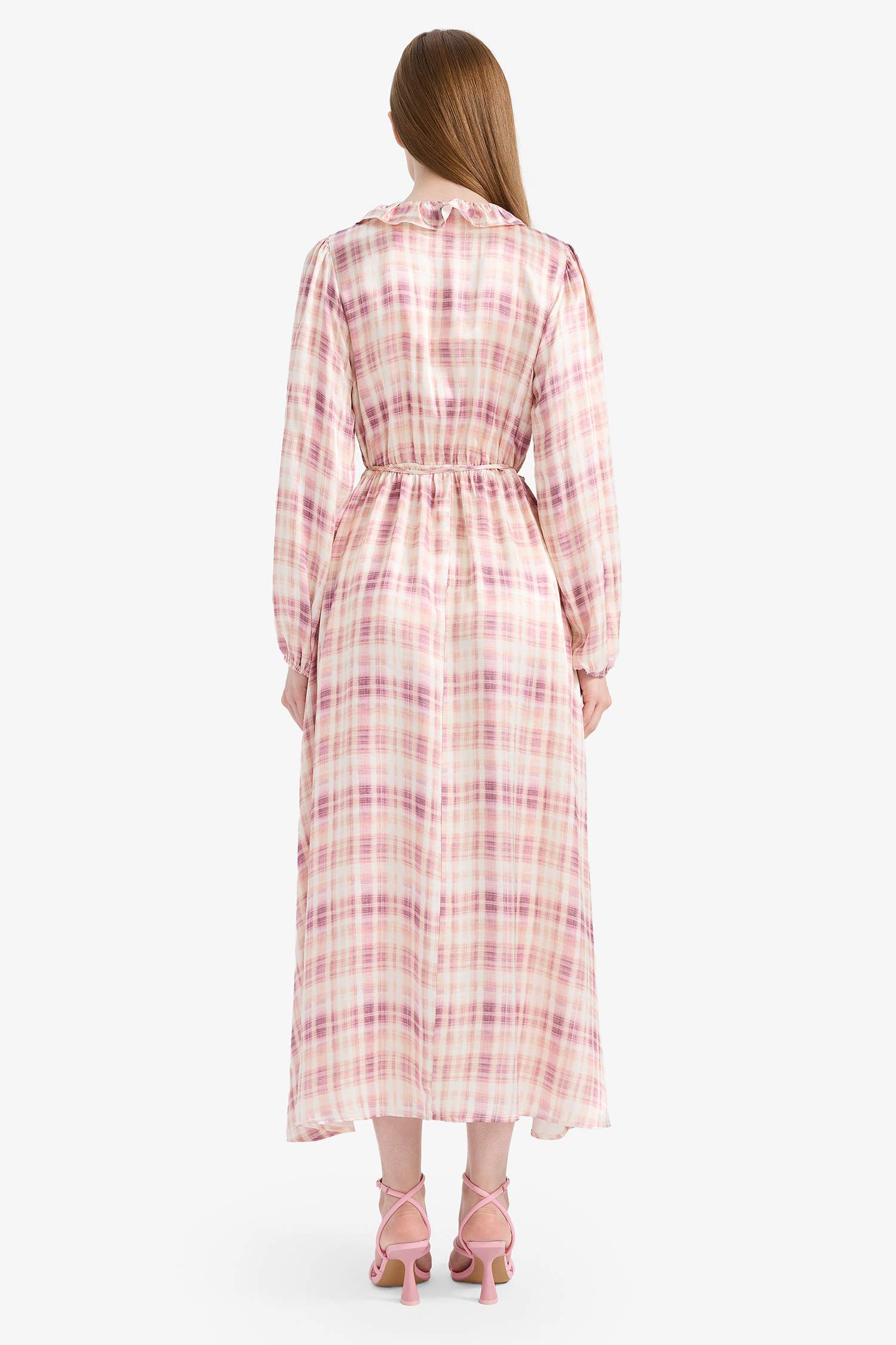 Regular Fit Shirt Collar Pattern Satin Long Sleeve Maxi Dress