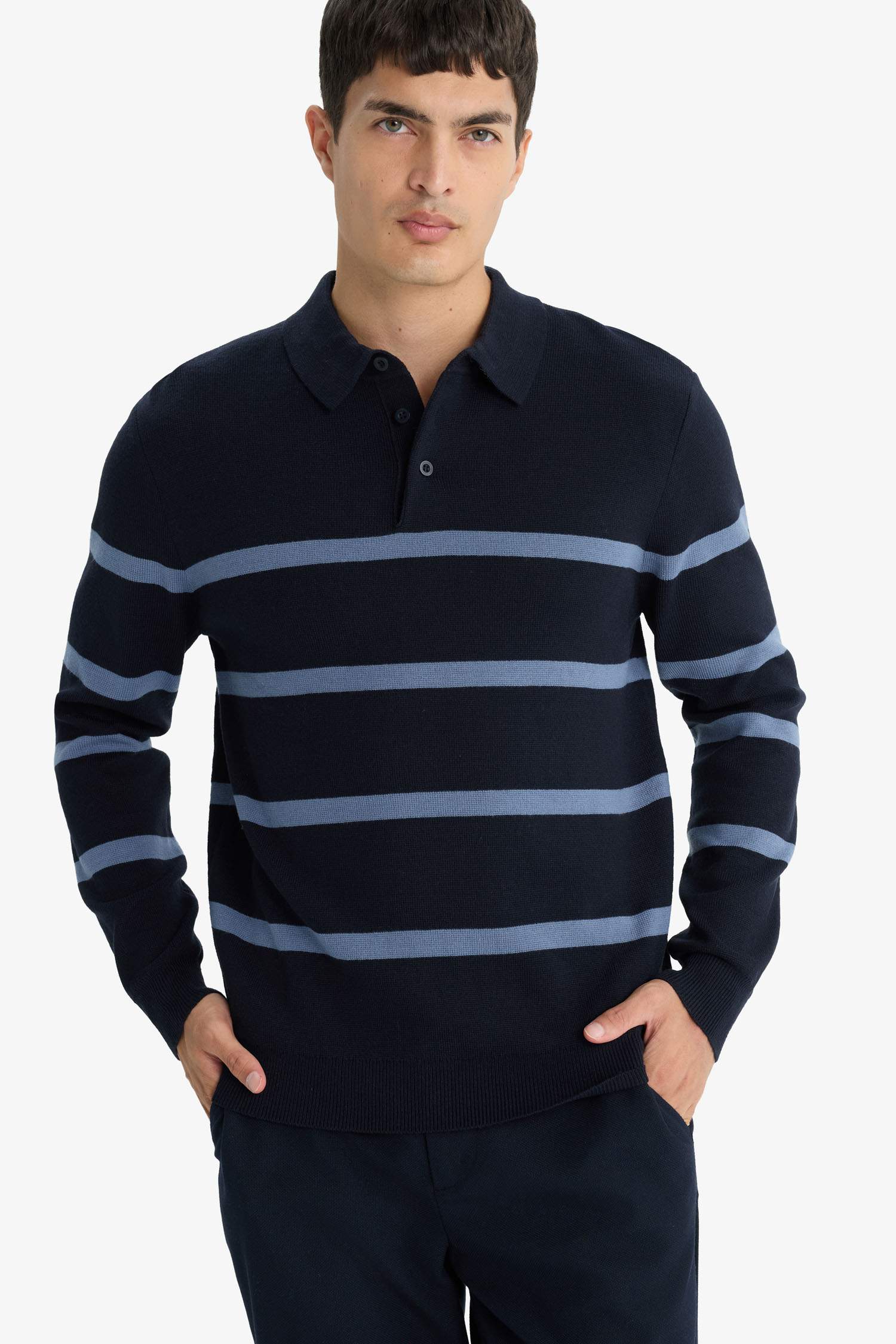 Standard Fit Polo Collar Striped Knit Sweater