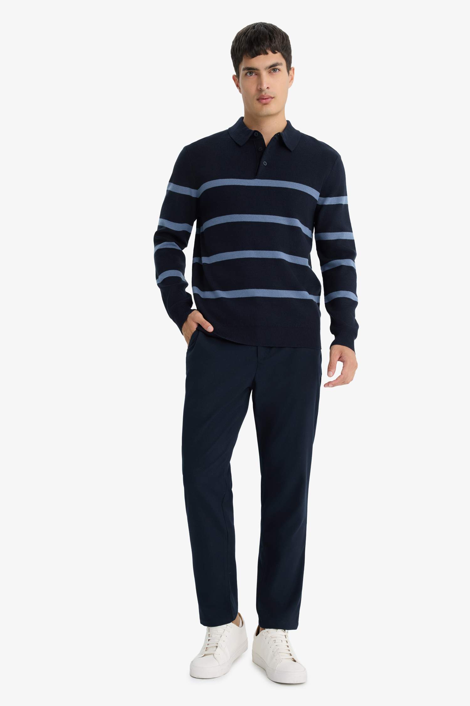 Standard Fit Polo Collar Striped Knit Sweater