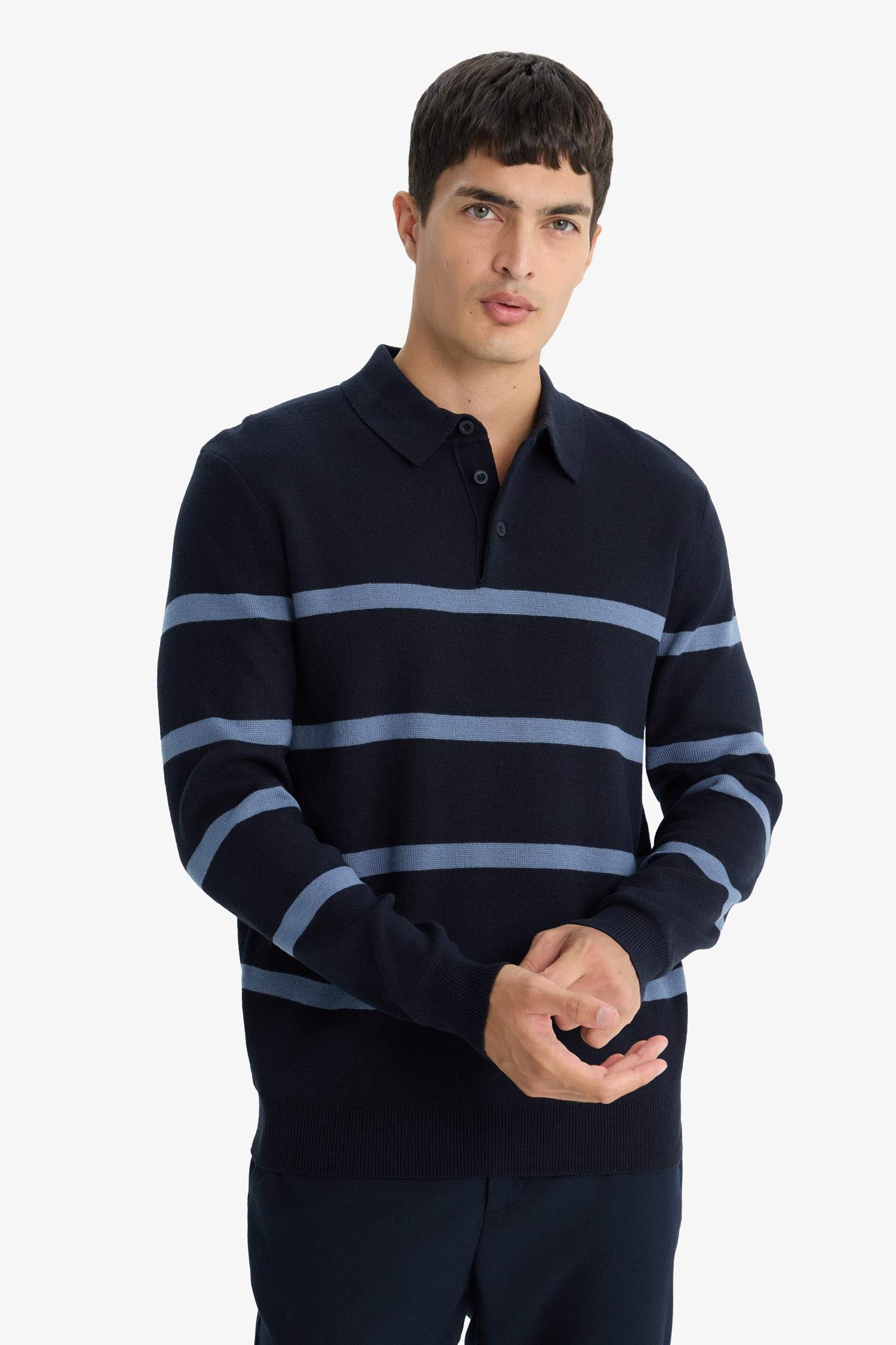 Standard Fit Polo Collar Striped Knit Sweater