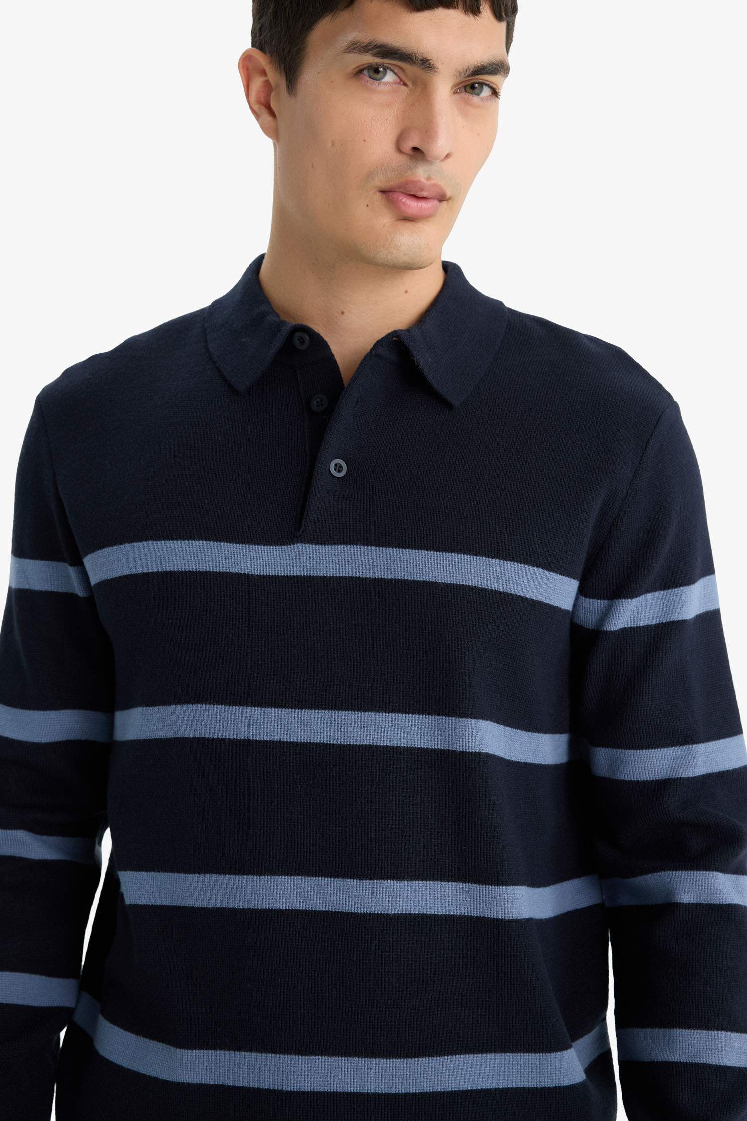Standard Fit Polo Collar Striped Knit Sweater