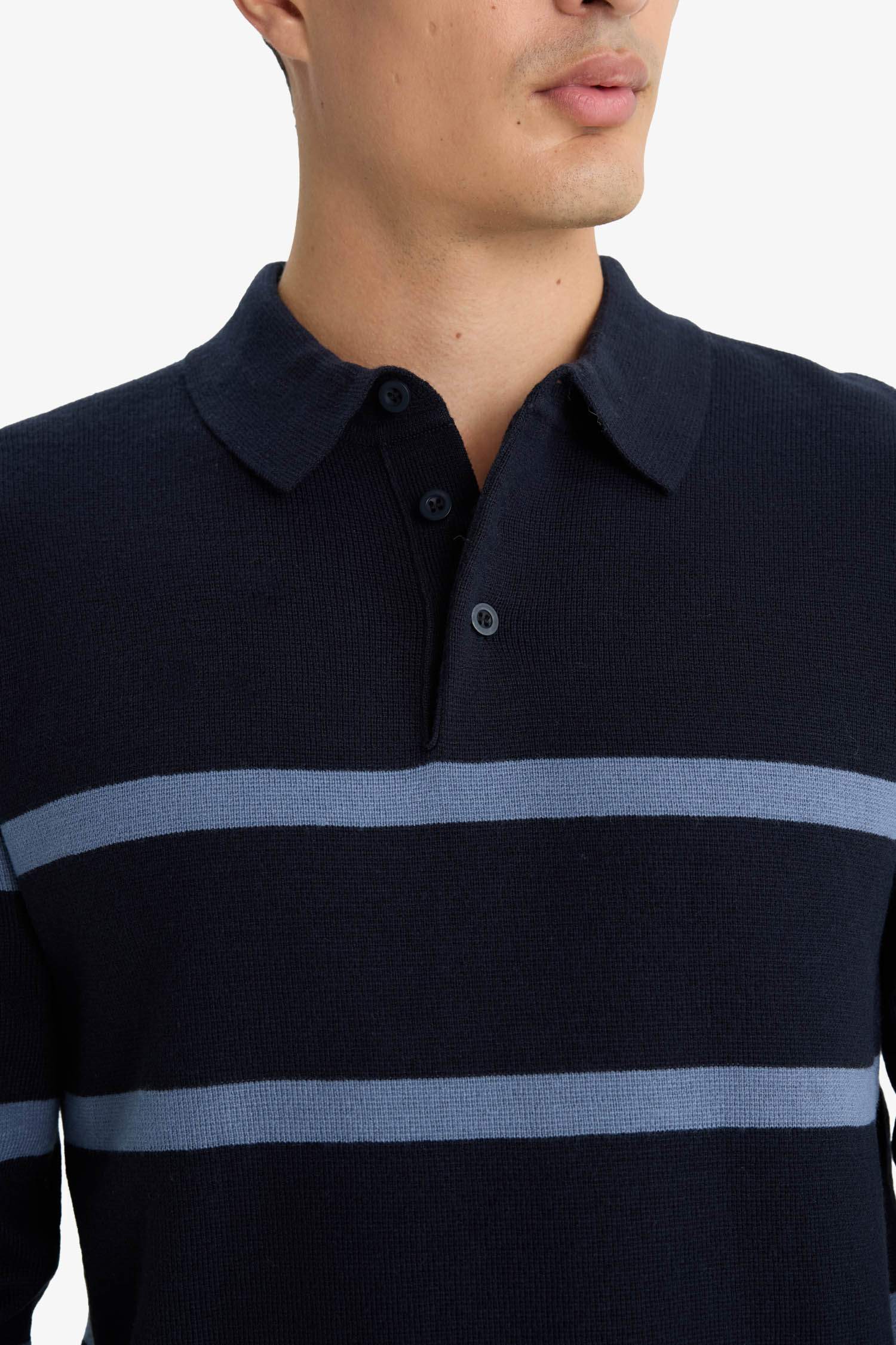 Standard Fit Polo Collar Striped Knit Sweater