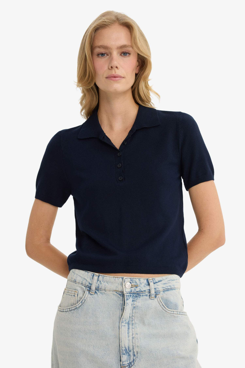 Fitted Polo Neck Short Sleeve Knitted Sweater