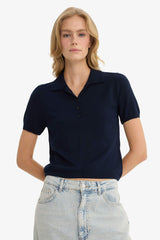 Fitted Polo Neck Short Sleeve Knitted Sweater