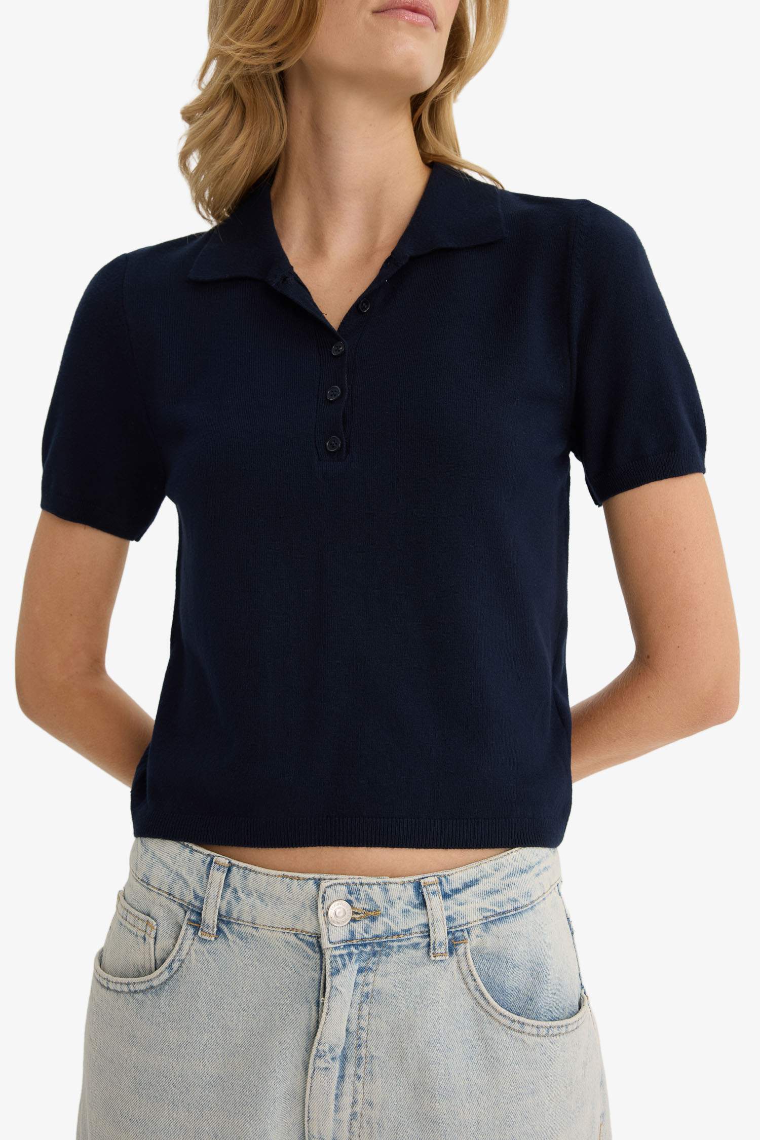 Fitted Polo Neck Short Sleeve Knitted Sweater