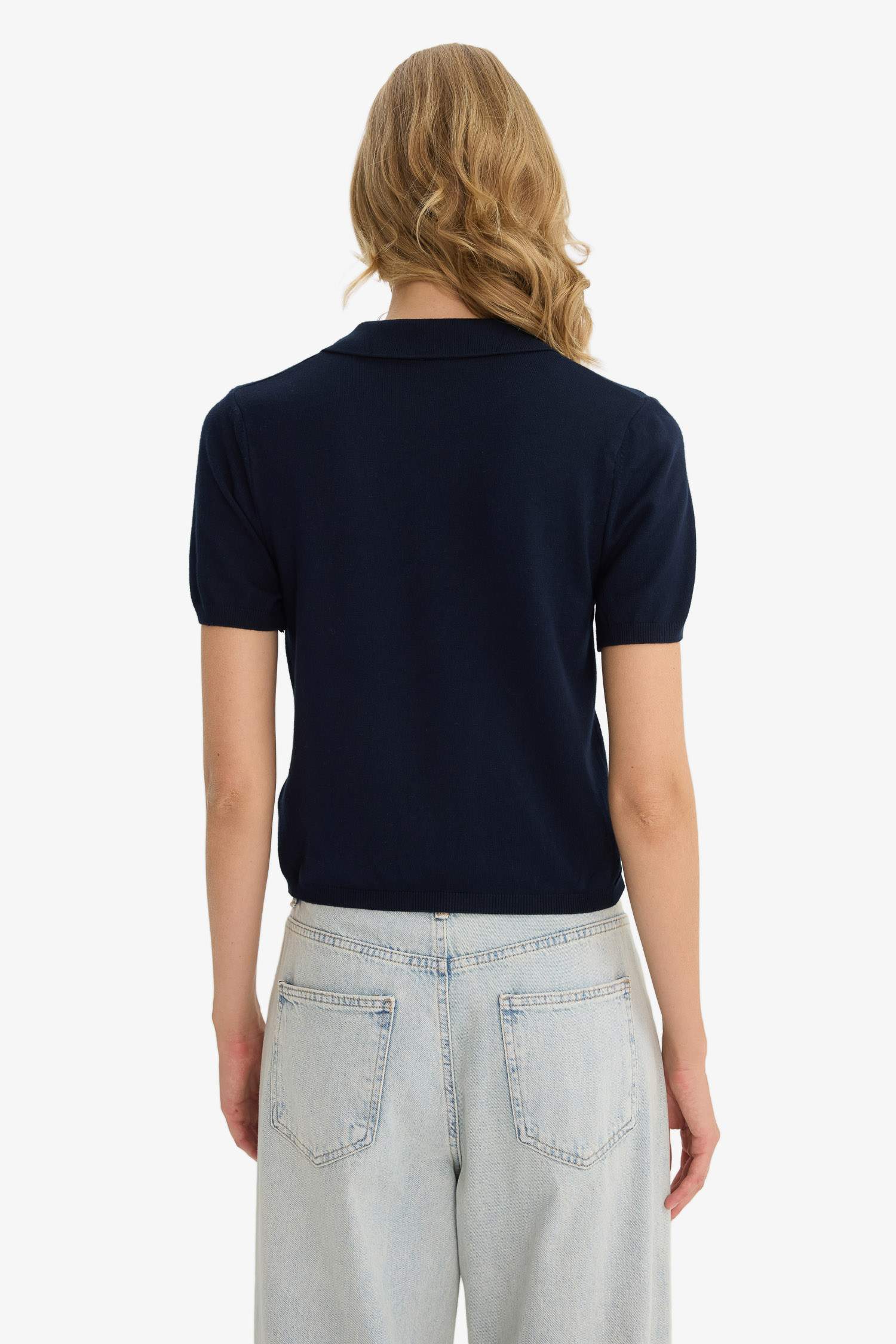 Fitted Polo Neck Short Sleeve Knitted Sweater