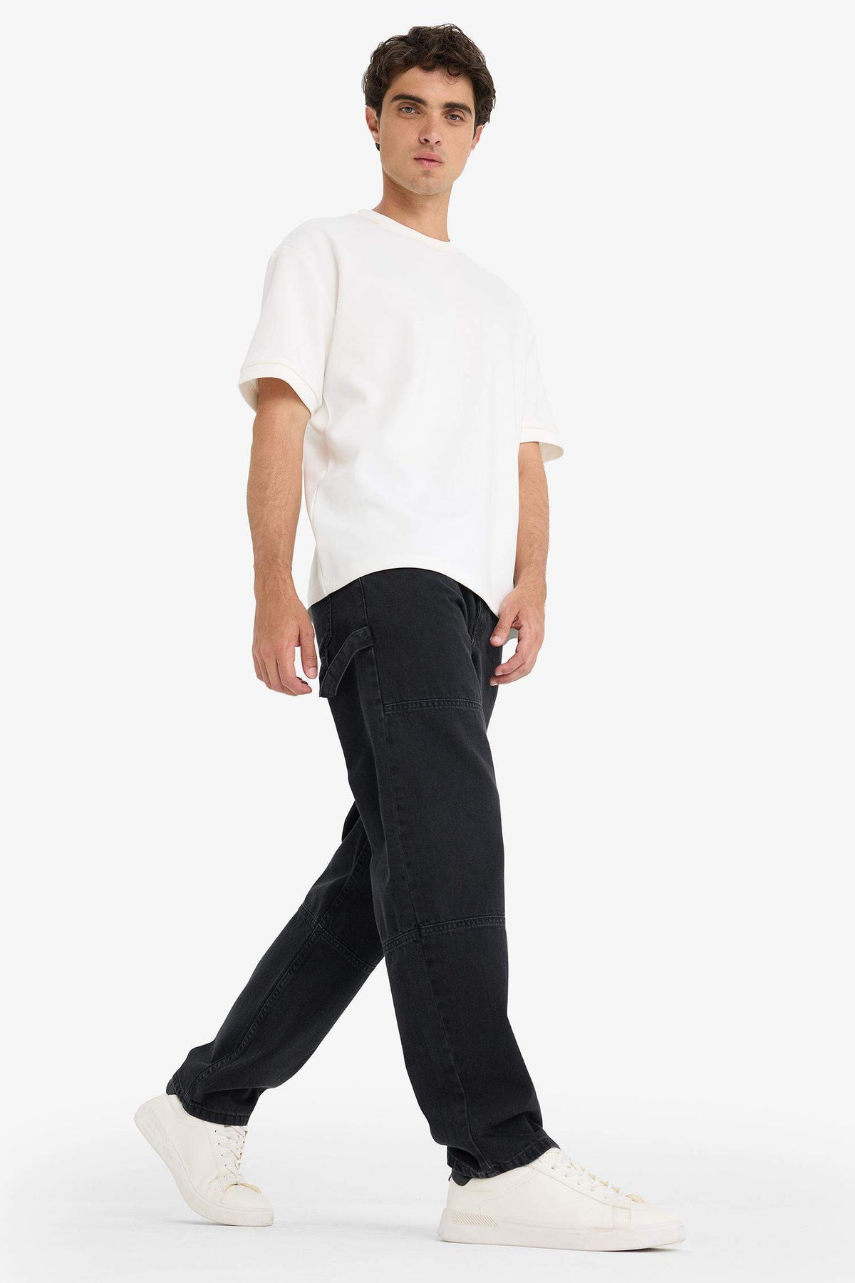 100% Cotton Relax Fit Wide Leg Cargo Jeans with Pockets