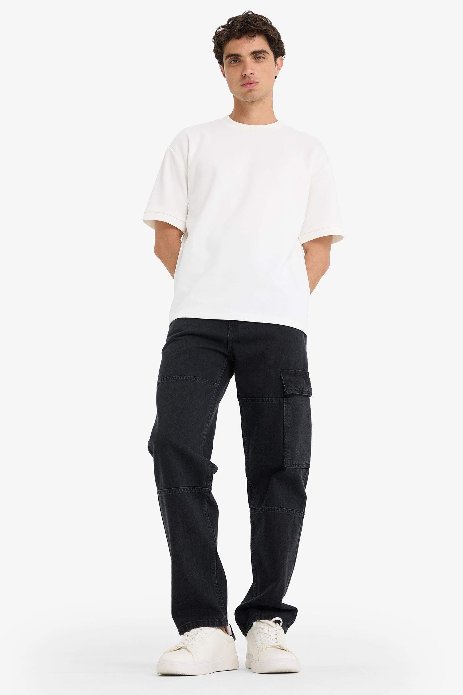 100% Cotton Relax Fit Wide Leg Cargo Jeans with Pockets