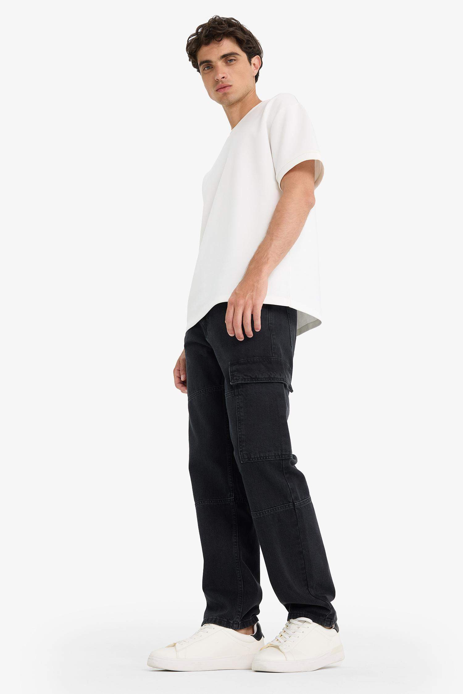100% Cotton Relax Fit Wide Leg Cargo Jeans with Pockets