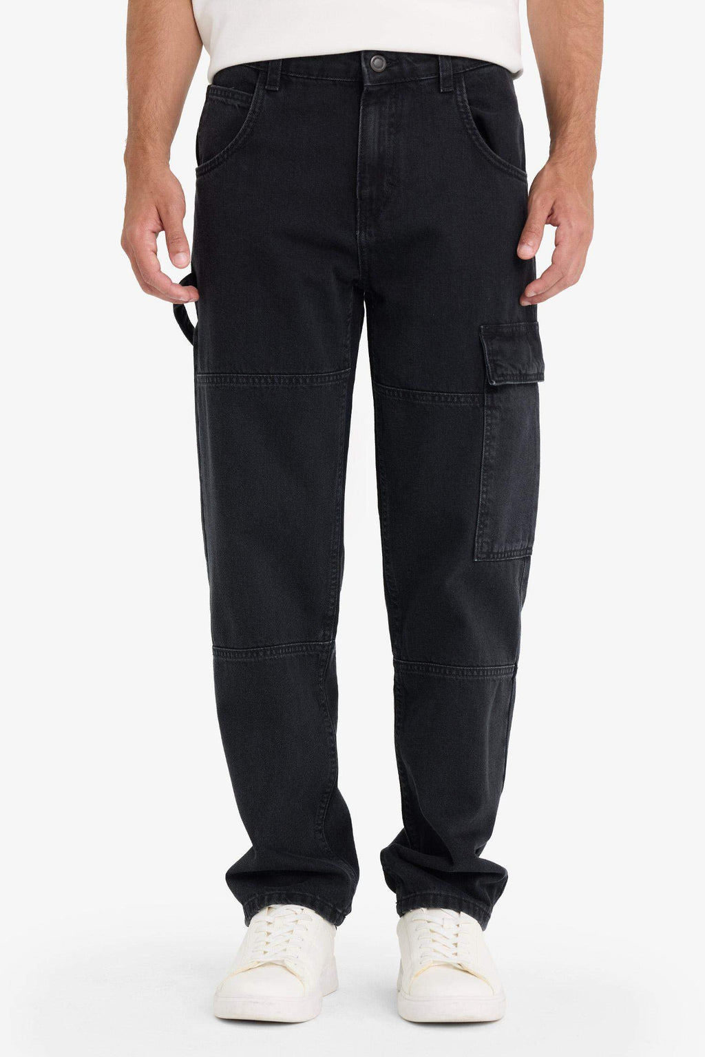 100% Cotton Relax Fit Wide Leg Cargo Jeans with Pockets