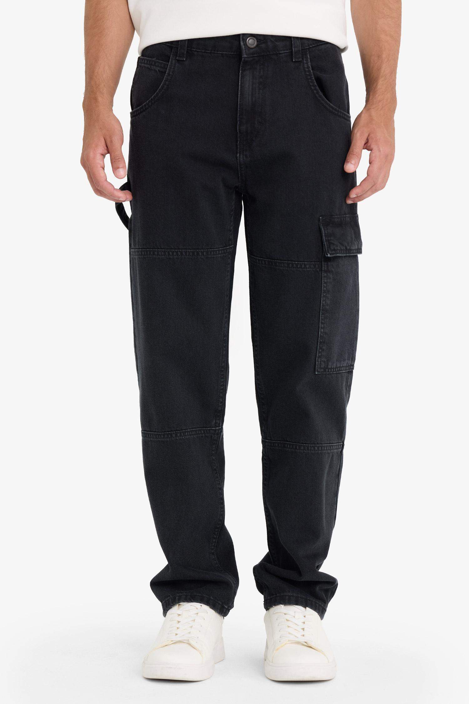 100% Cotton Relax Fit Wide Leg Cargo Jeans with Pockets