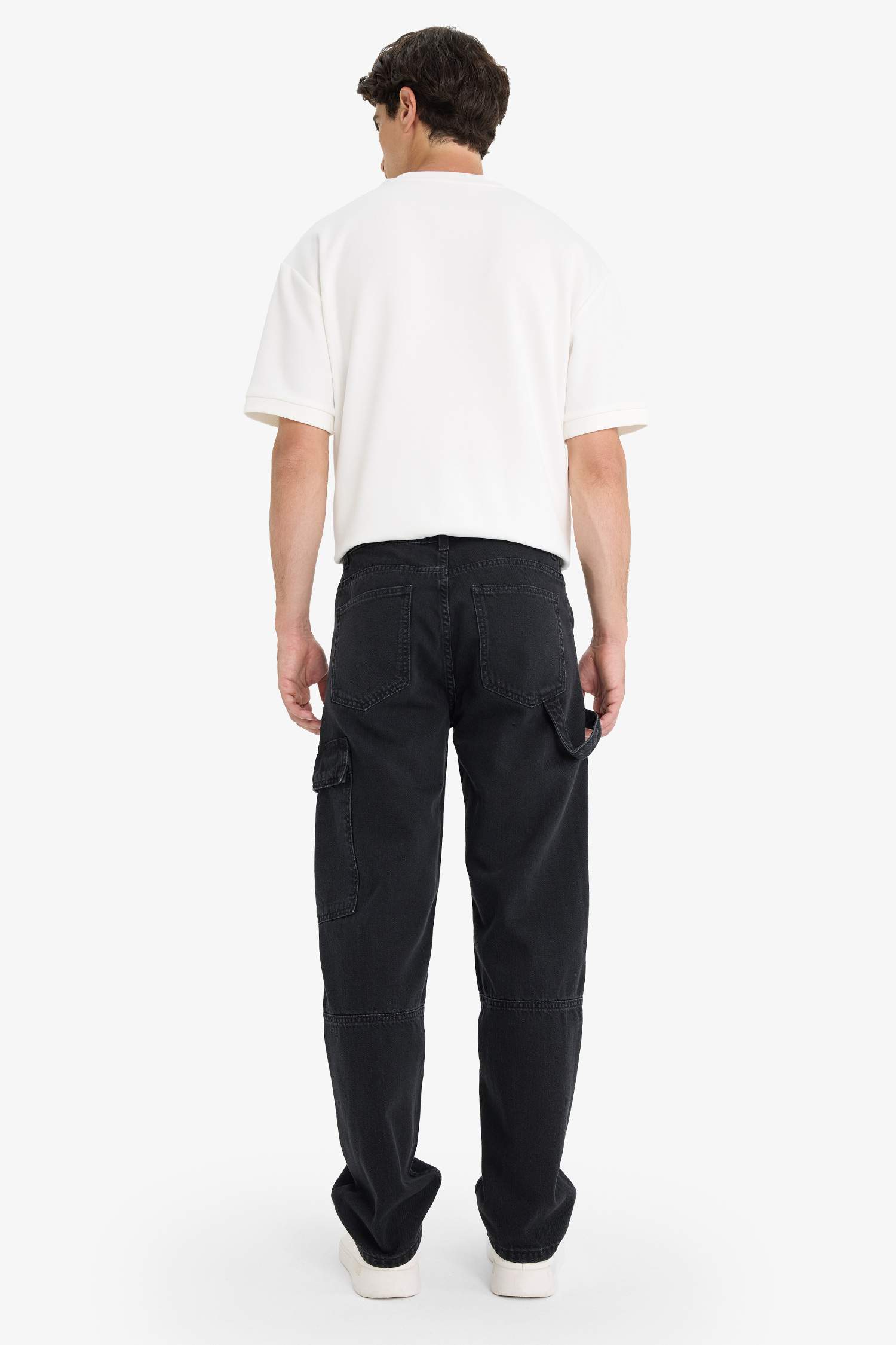 100% Cotton Relax Fit Wide Leg Cargo Jeans with Pockets