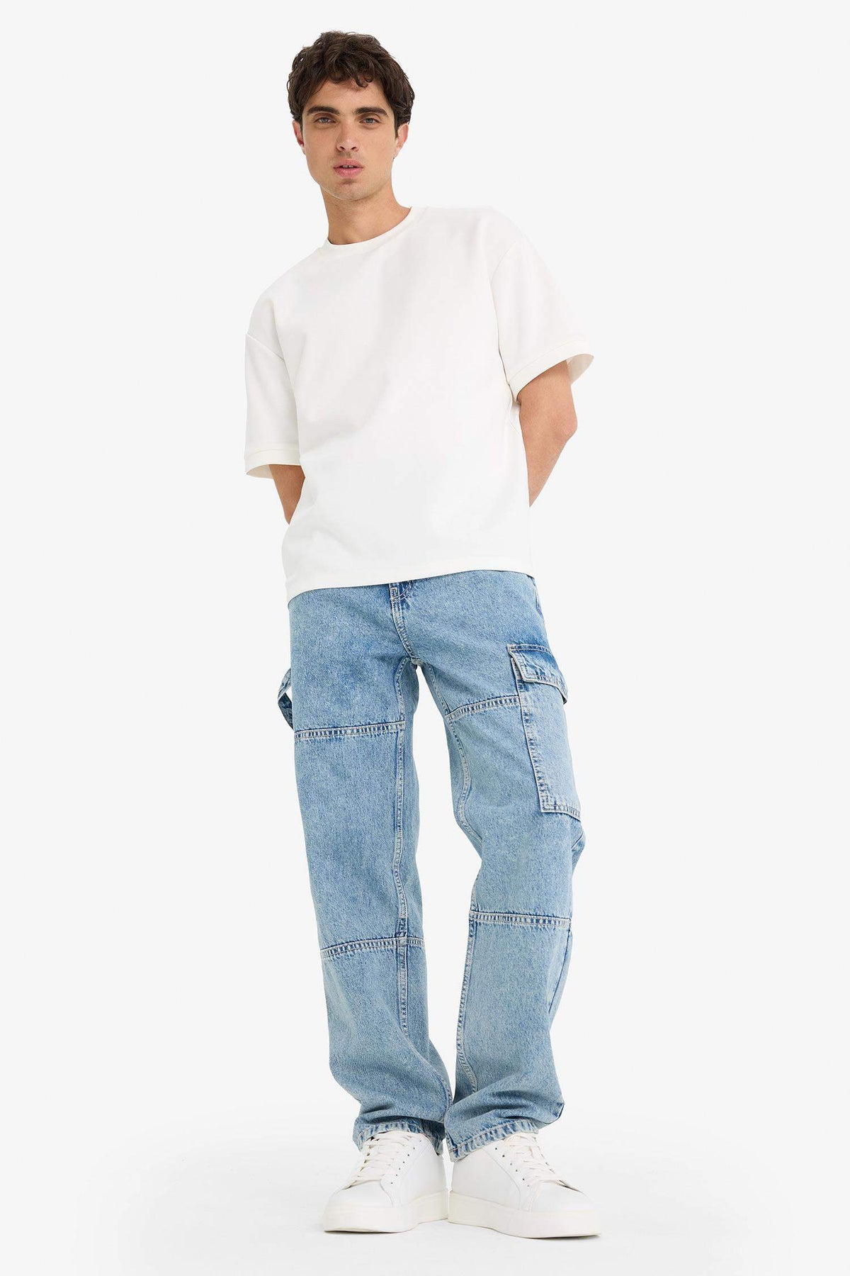 100% Cotton Relax Fit Wide Leg Cargo Jeans with Pockets
