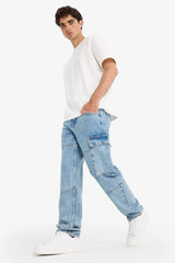 100% Cotton Relax Fit Wide Leg Cargo Jeans with Pockets