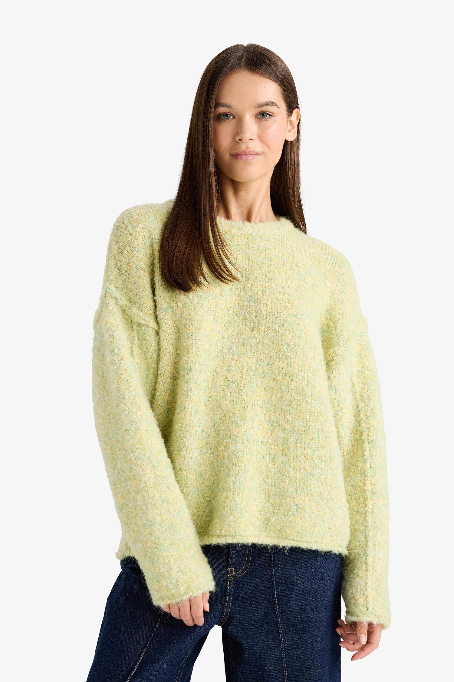 Wool Blend Crew Neck Oversize Fit Knit Sweater