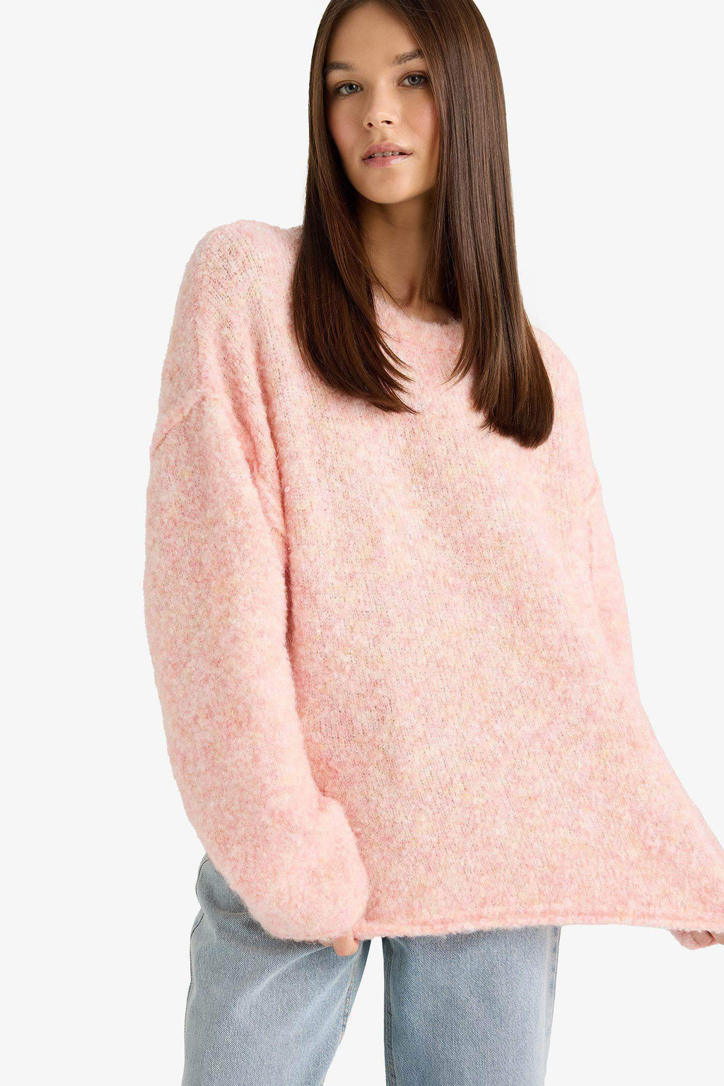 Wool Blend Crew Neck Oversize Fit Knit Sweater