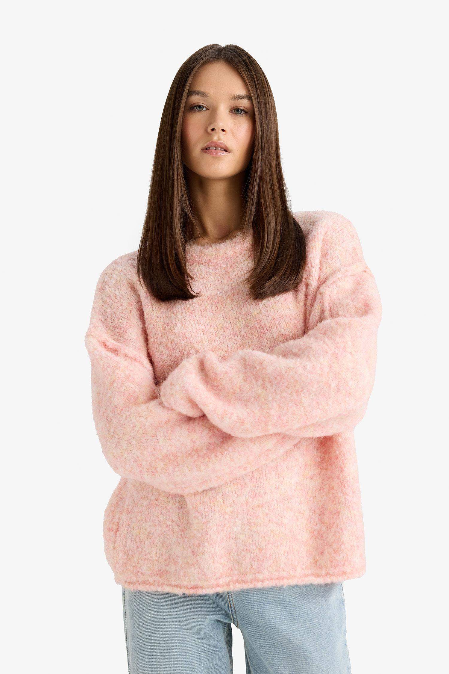 Wool Blend Crew Neck Oversize Fit Knit Sweater