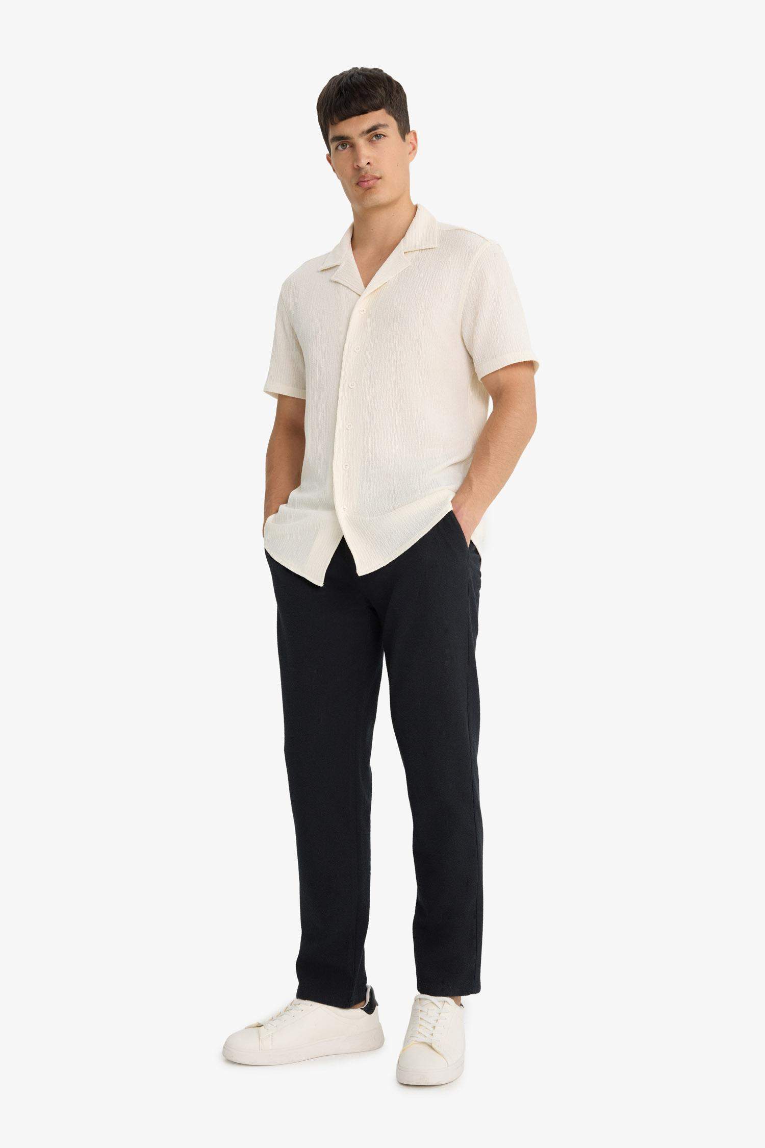 Jogger Fit Elastic Waistband Pocket Cotton Textured Trousers