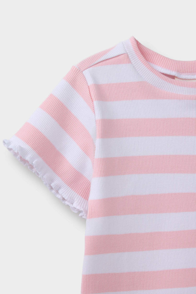 Baby Girl Crew Neck Ribbed Camisole Striped Short Sleeve T-Shirt Main Image