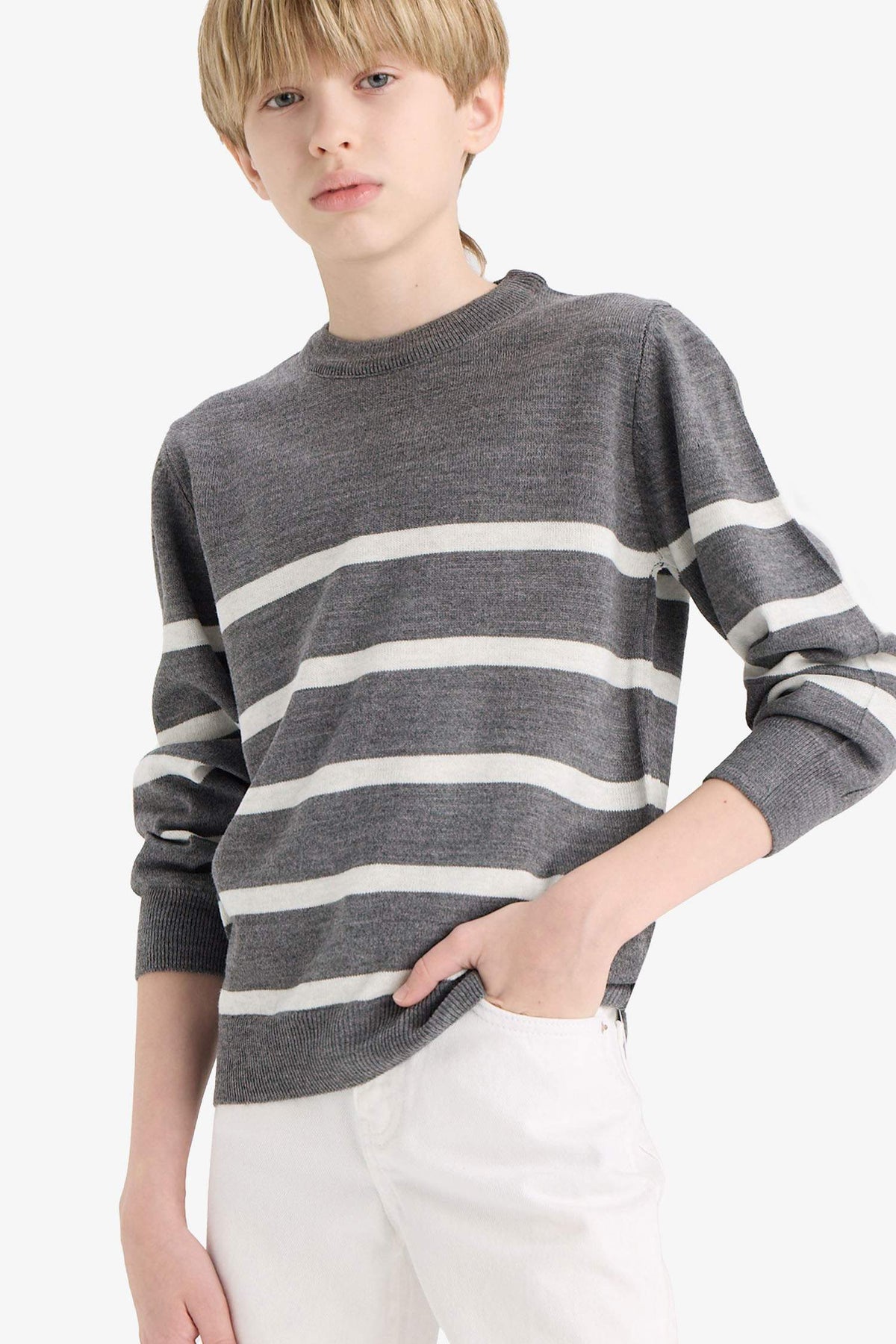 Boys Crew Neck Striped Knit Sweater