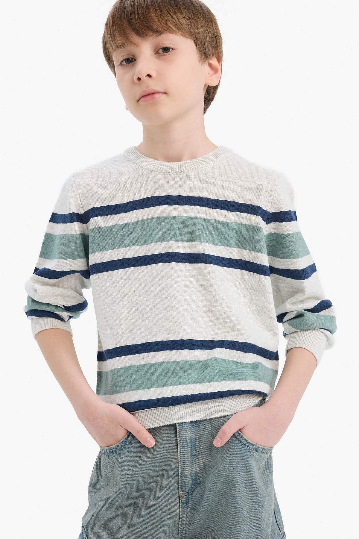 Boys Crew Neck Striped Knit Sweater