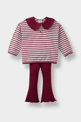Baby Girl 2-Piece Set Large Collar School Striped Long Sleeve T-Shirt Bell-bottom Leggings