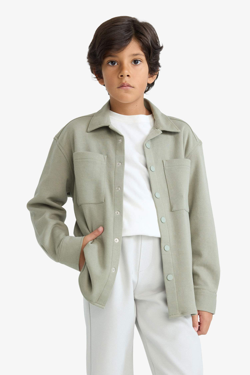 Boys Oversize Wide Pattern Polo Collar Long Sleeve Shirt