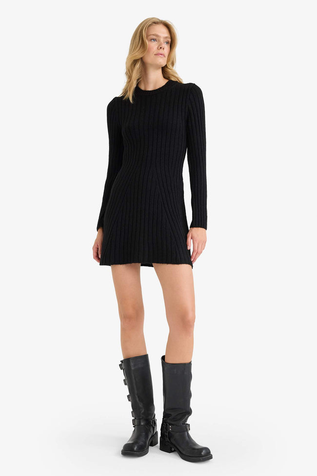 Crew Neck Rib Long Sleeve Mini Dress Hover Image