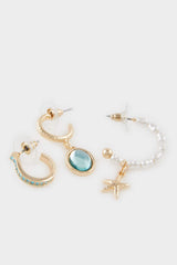 Women 3-Piece Green Stone Earrings