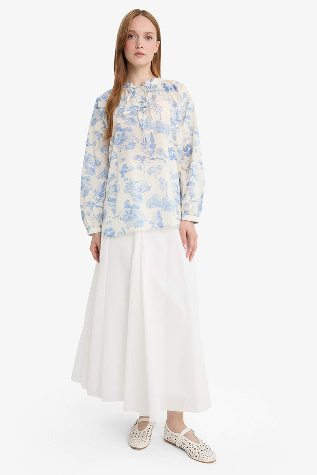 Relax Fit Floral Patterned Voile Long Sleeve Shirt Tunic Main Image