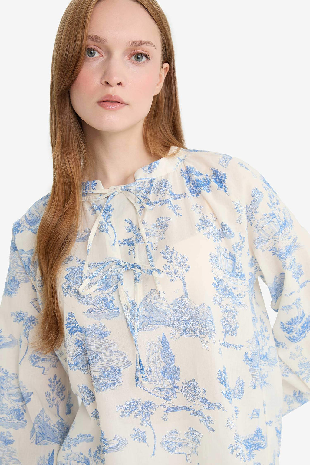 Relax Fit Floral Patterned Voile Long Sleeve Shirt Tunic
