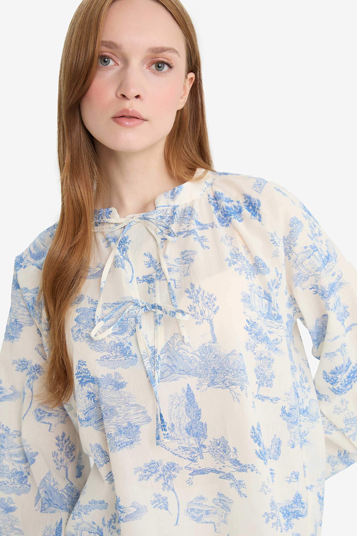 Relax Fit Floral Patterned Voile Long Sleeve Shirt Tunic