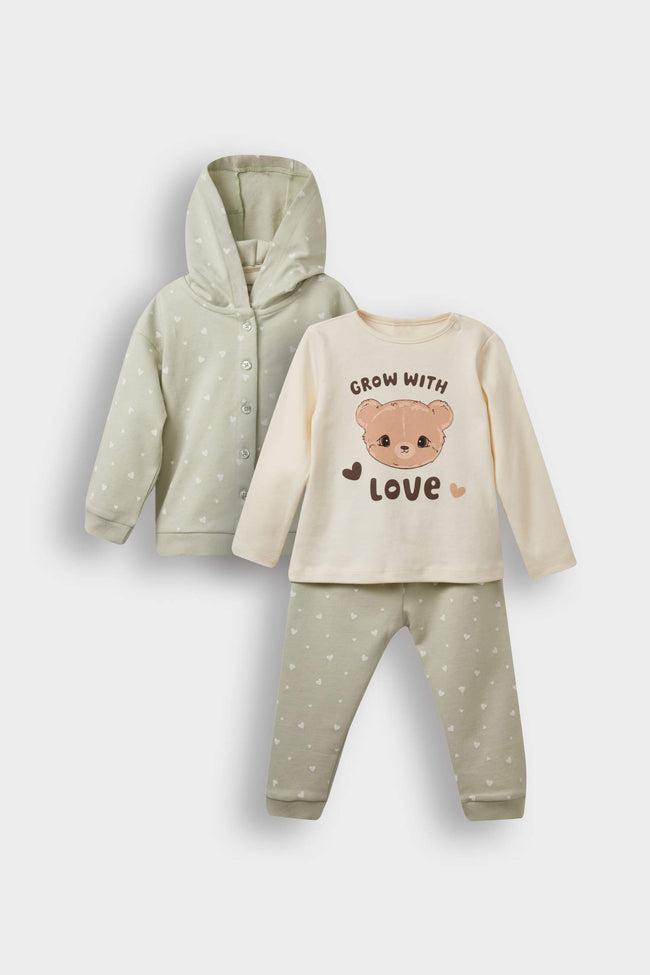 Baby Girl 3-Piece Set Hooded Snap Cardigan Printed Long Sleeve T-Shirt Bottoms Hover Image