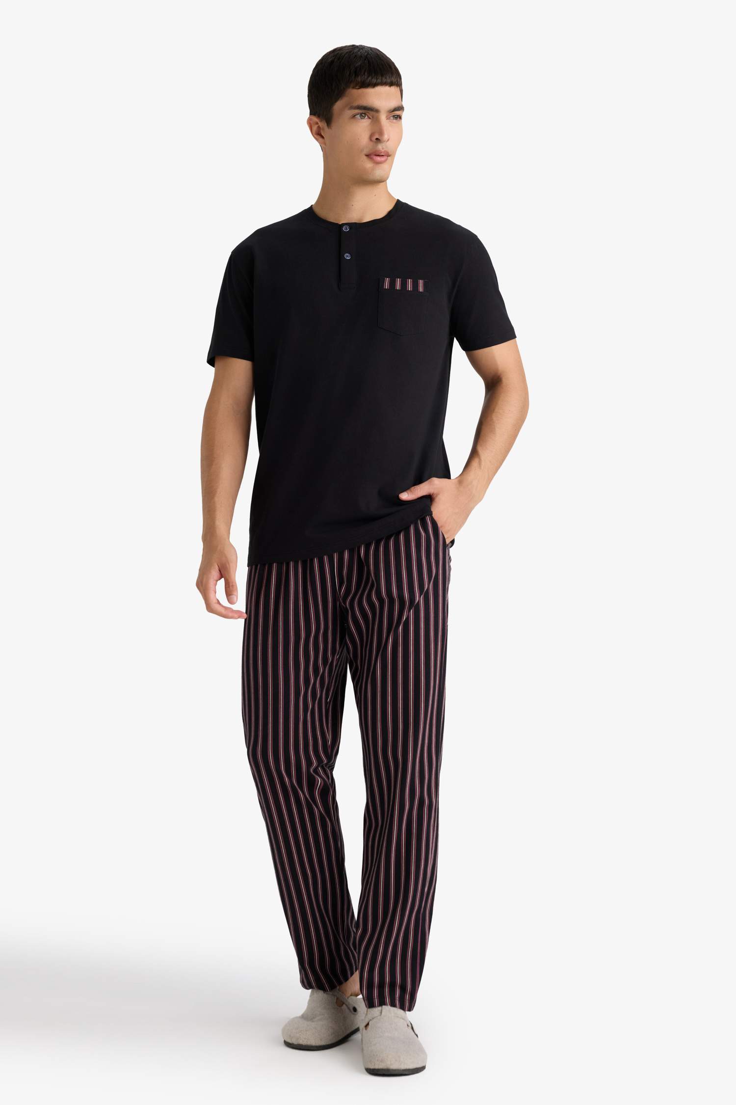 Pajama Set Regular Fit Short Sleeve Top Striped Long Bottom