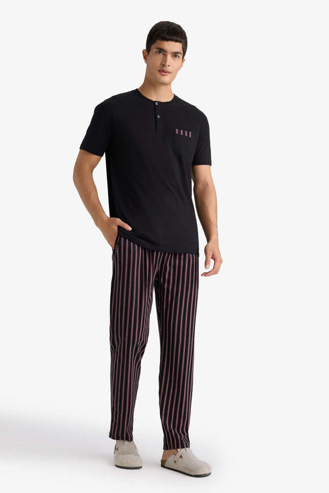 Pajama Set Regular Fit Short Sleeve Top Striped Long Bottom Main Image